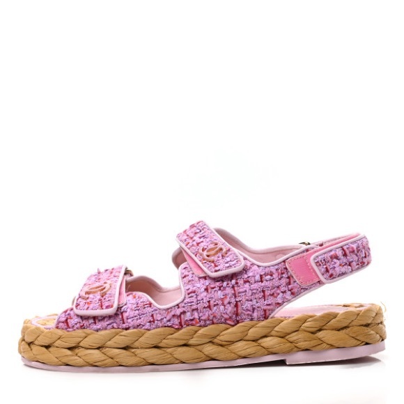 CHANEL Shoes - CHANEL Tweed Patent Calfskin Velcro Dad Sandals 37.5 Light Purple Pink Red